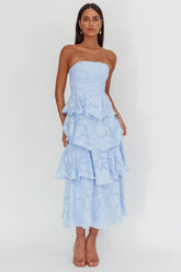 Giavana Strapless Layered Midi Dress Floral Embossed Blue